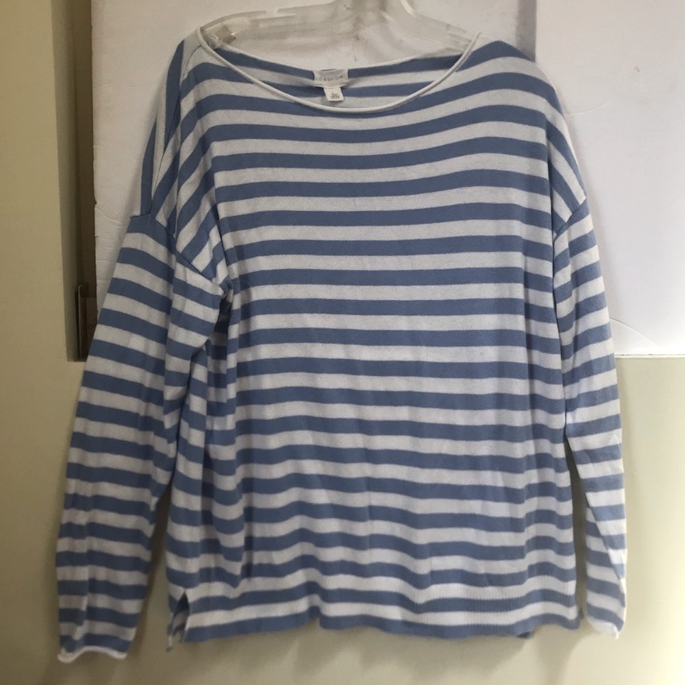 Caslon Cotton Oversized Striped Lightweight Sweater Crew Neck Slit Soft Coastal
